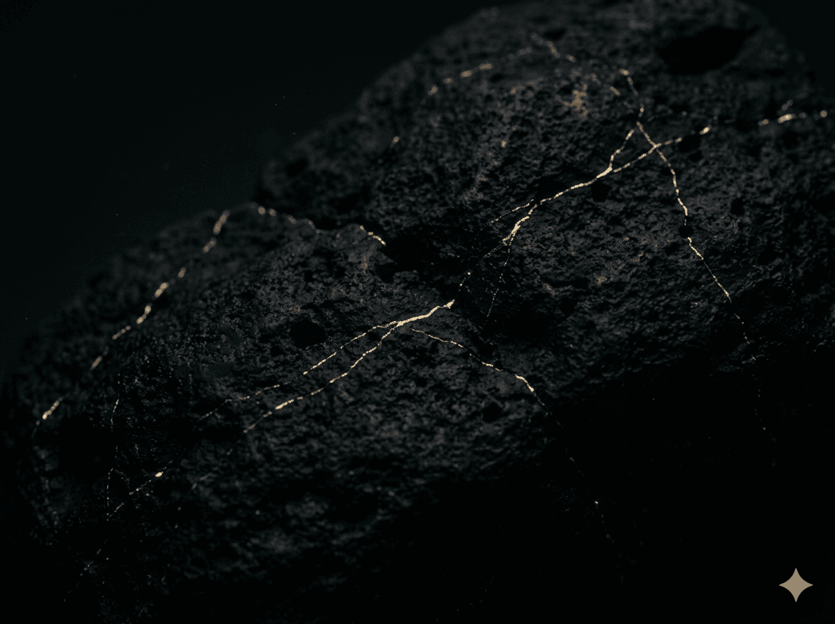 Roca negra con detalles de oro fundido